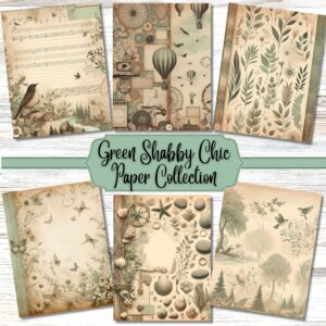 Green Shabby Chic Paper Collection, 25 Printable Papers, Digital Junk Journal, Shabby Chic Junk Journal, Junk Journal Kit, Vintage papers