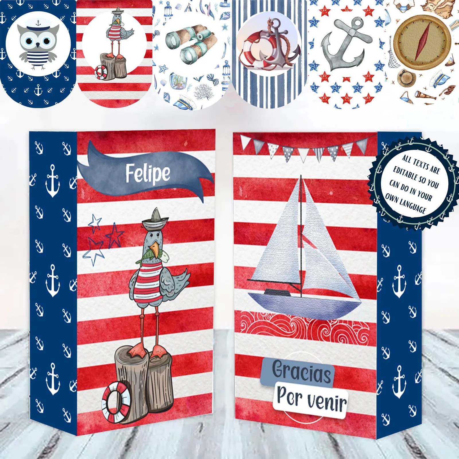 Nautical Watercolor Party Kit, Editable Sailor Invitations, Candy Bar (Digital Download) Bday & Baby Shower digital download preview by Cute & Co.