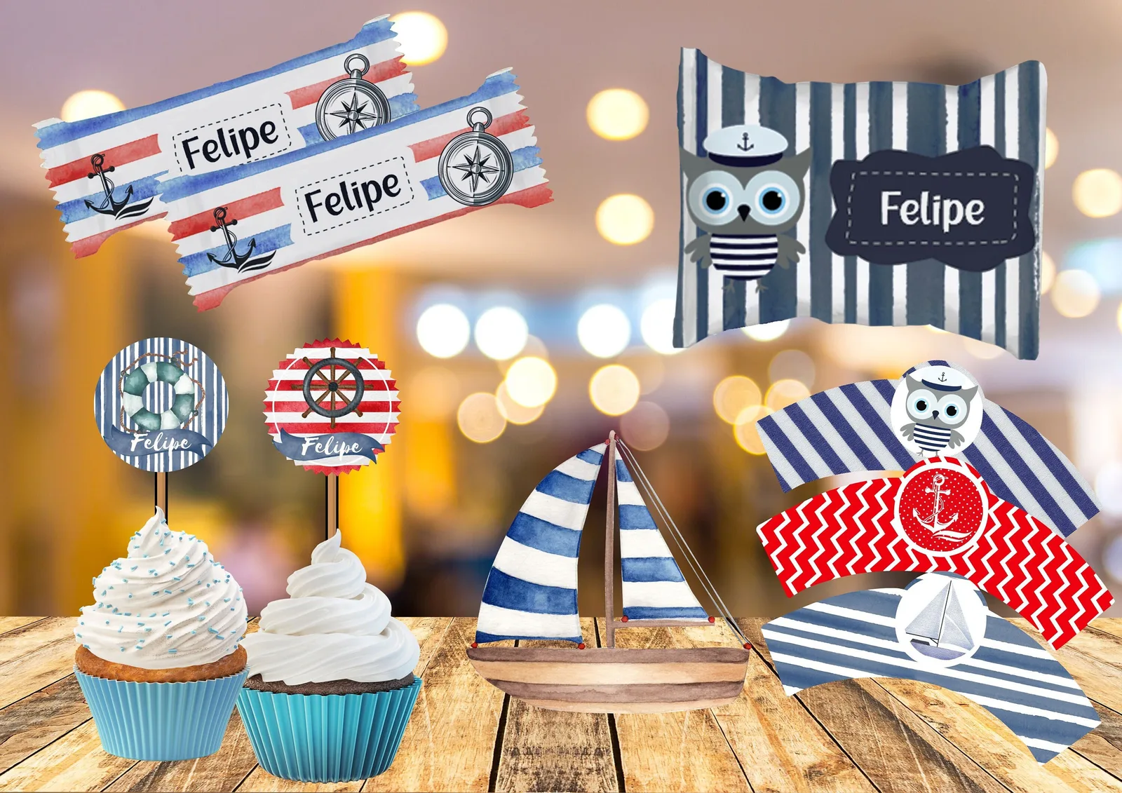 Nautical Watercolor Party Kit, Editable Sailor Invitations, Candy Bar (Digital Download)