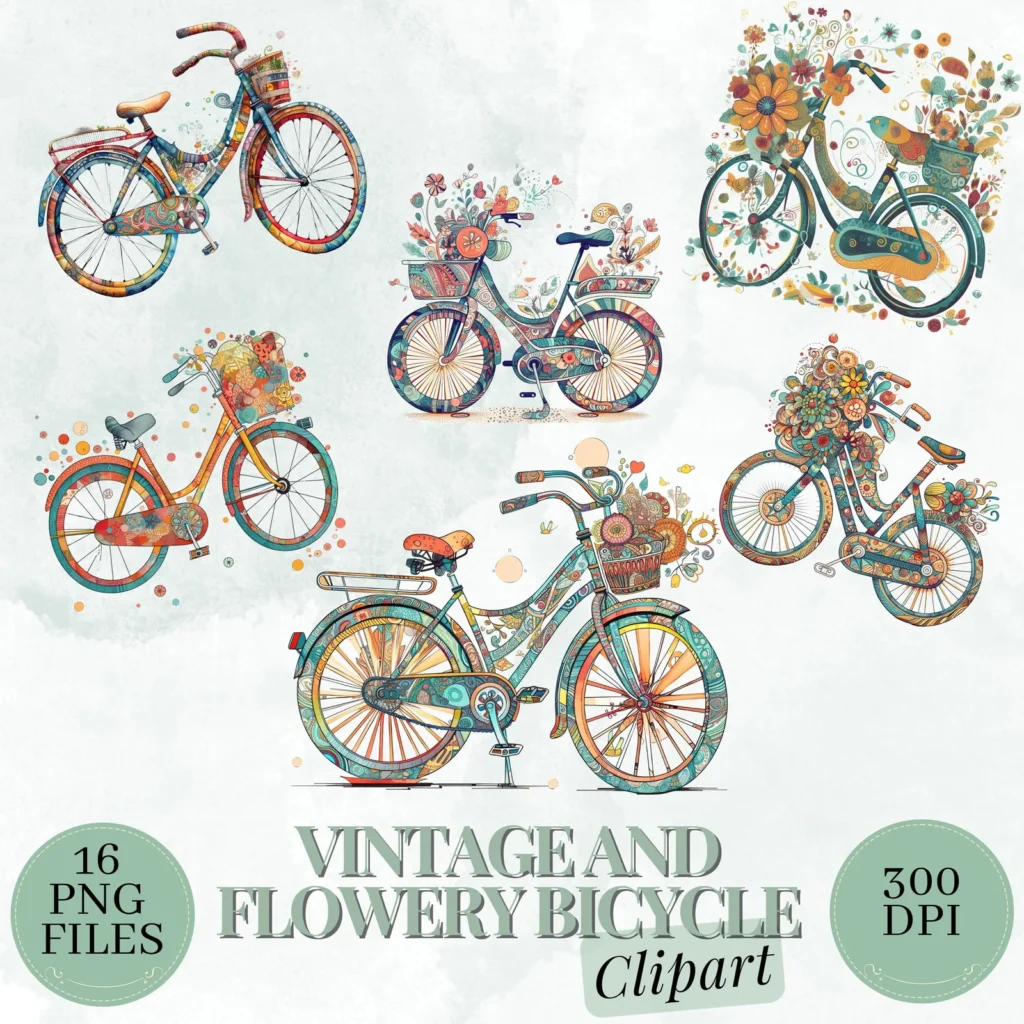 Vintage Bicycle Clipart, Floral Bike Designs (PNG Images) (Digital Download) Cliparts digital download preview by Cute & Co.