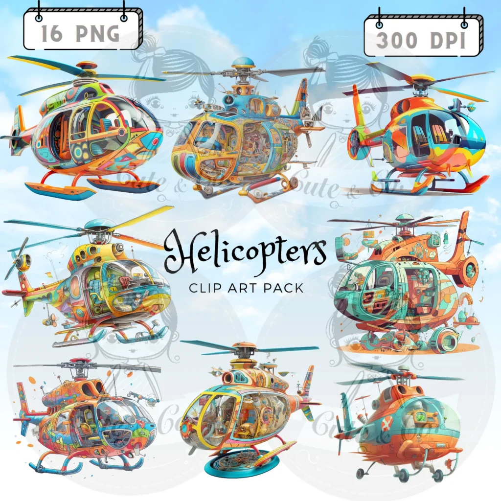 Colorful Helicopter Clipart Set, Modern PNG Images (300 DPI) Cliparts digital download preview by Cute & Co.