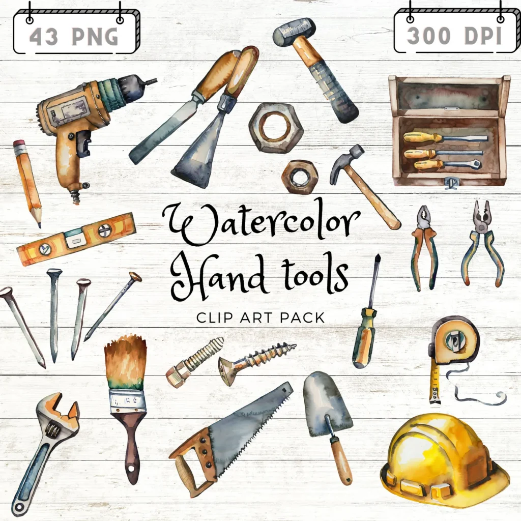 Watercolor Hand Tool Clipart Set | DIY Graphics (Digital Download) Cliparts digital download preview by Cute & Co.