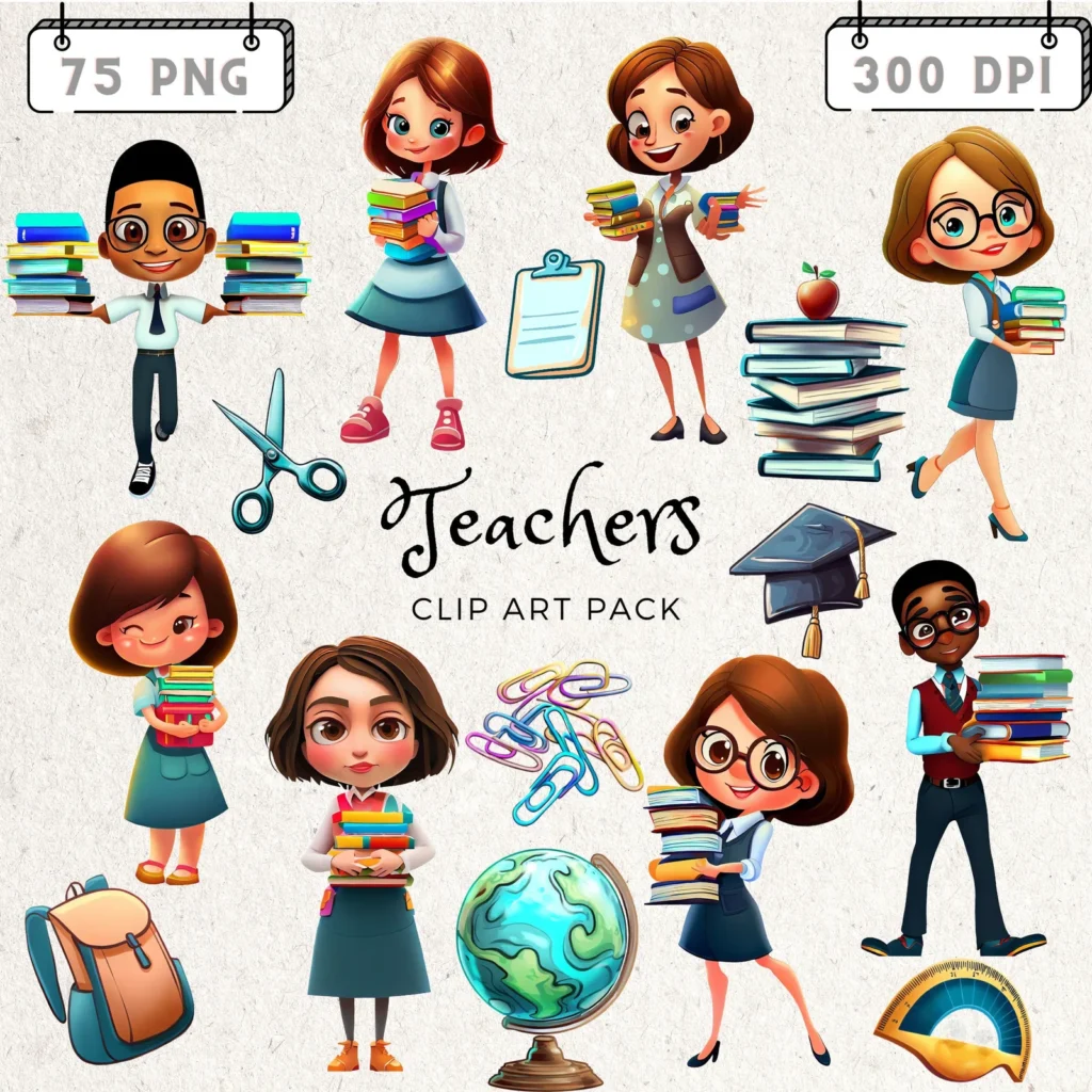 3D Cartoon Teacher Clipart Bundle: Diverse Characters, School Supplies (75 PNG) Back to school digital download preview by Cute & Co.