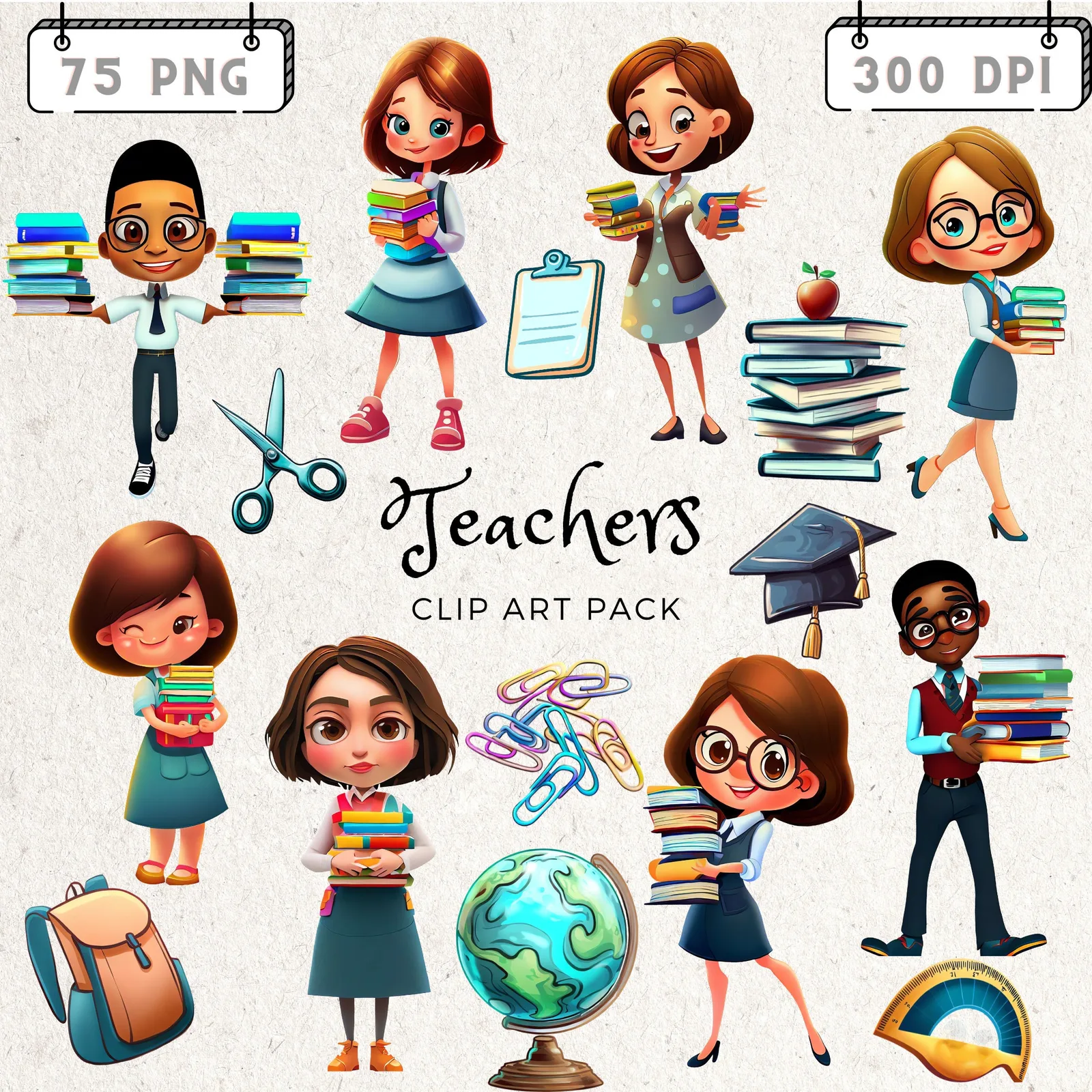 3D Cartoon Teacher Clipart Bundle: Diverse Characters, School Supplies (75 PNG) Back to school digital download preview by Cute & Co.