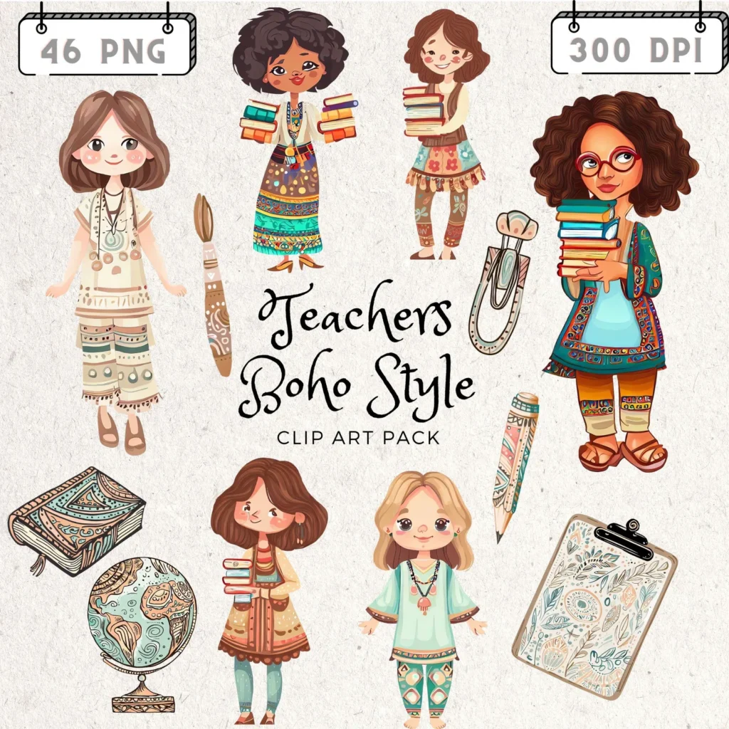 Boho Teacher Clipart Bundle School Supplies PNG Neutral Classroom Decor Retro Education Sublimation Back to school digital download preview by Cute & Co.