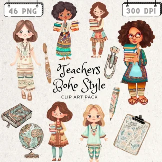 Boho Teacher Clipart Bundle School Supplies PNG Neutral Classroom Decor Retro Education Sublimation Back to school digital download preview by Cute & Co.
