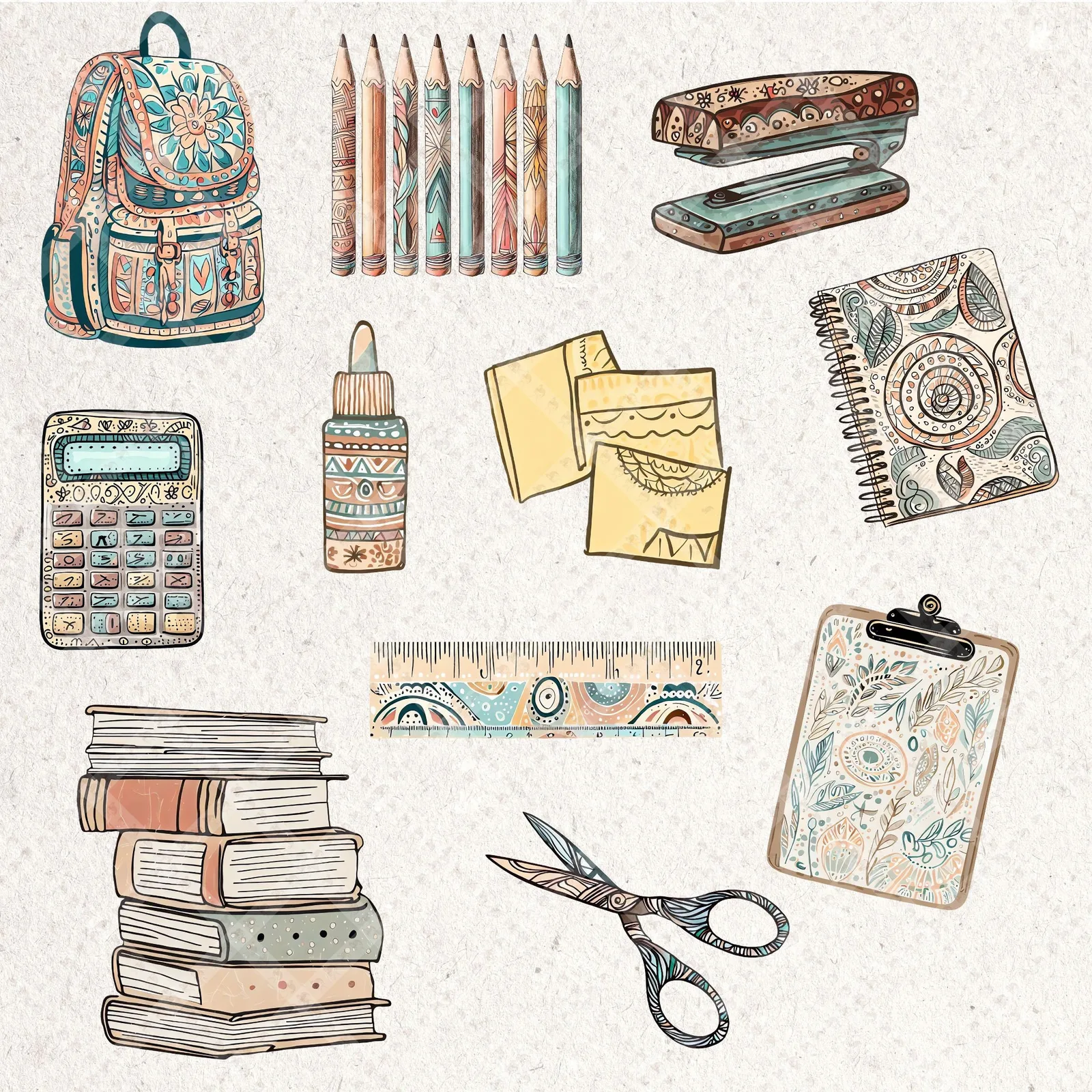 Boho Teacher Clipart Bundle School Supplies PNG Neutral Classroom Decor Retro Education Sublimation Back to school digital download preview by Cute & Co.