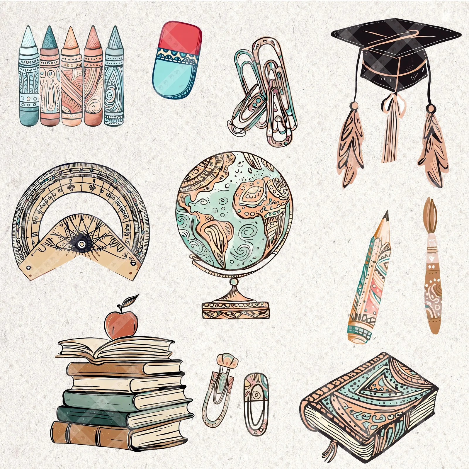 Boho Teacher Clipart Bundle School Supplies PNG Neutral Classroom Decor Retro Education Sublimation Back to school digital download preview by Cute & Co.