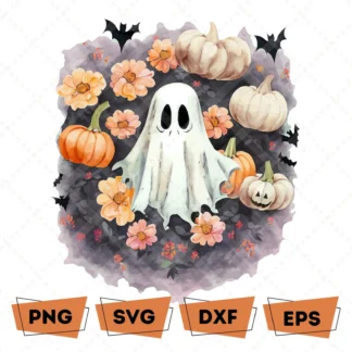Halloween PNG, Spooky Ghost, Autumn sublimation design, Halloween SVG, Pumpkins, leaves, ghost, Watercolor Sublimation, Instant download Halloween digital download preview by Cute & Co.