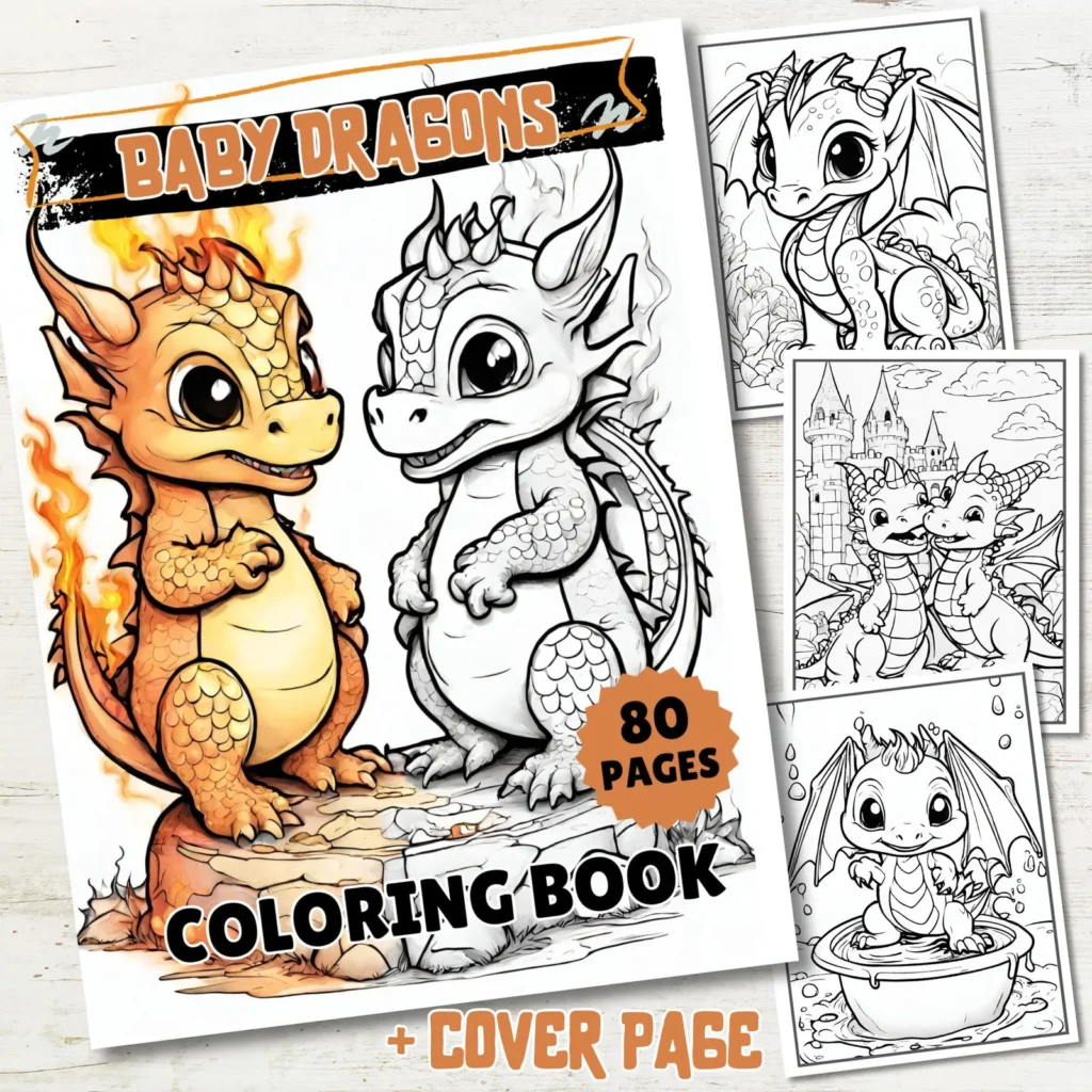 Baby Dragon Coloring Book | 80 Fantasy Grayscale Pages (Digital Download) Printable Books digital download preview by Cute & Co.