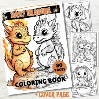 Baby Dragon Coloring Book | 80 Fantasy Grayscale Pages (Digital Download) Printable Books digital download preview by Cute & Co.