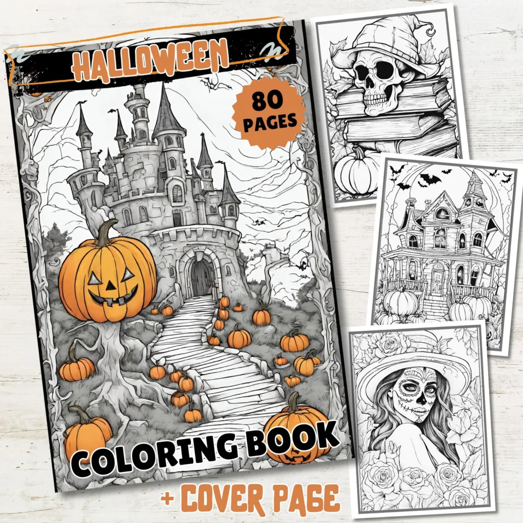 80 Halloween Coloring Pages: Spooky Grayscale Illustrations (Printable PDF) Halloween digital download preview by Cute & Co.