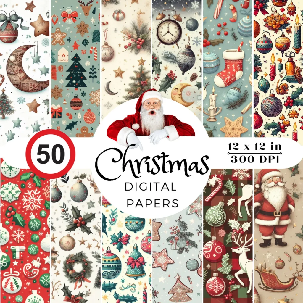50 Vintage Christmas Digital Papers, Retro Holiday Seamless Patterns (PNG) Christmas Time digital download preview by Cute & Co.