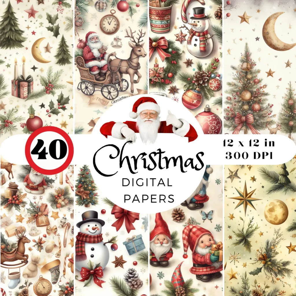 40 Vintage Christmas Digital Papers – Seamless Retro Holiday Patterns (PNG) Christmas Time digital download preview by Cute & Co.