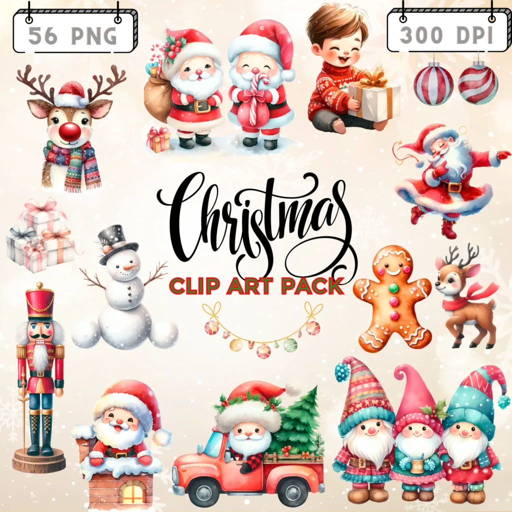 Watercolor Santa Clipart Bundle, Vintage Christmas PNGs (Digital Download) Christmas Time digital download preview by Cute & Co.