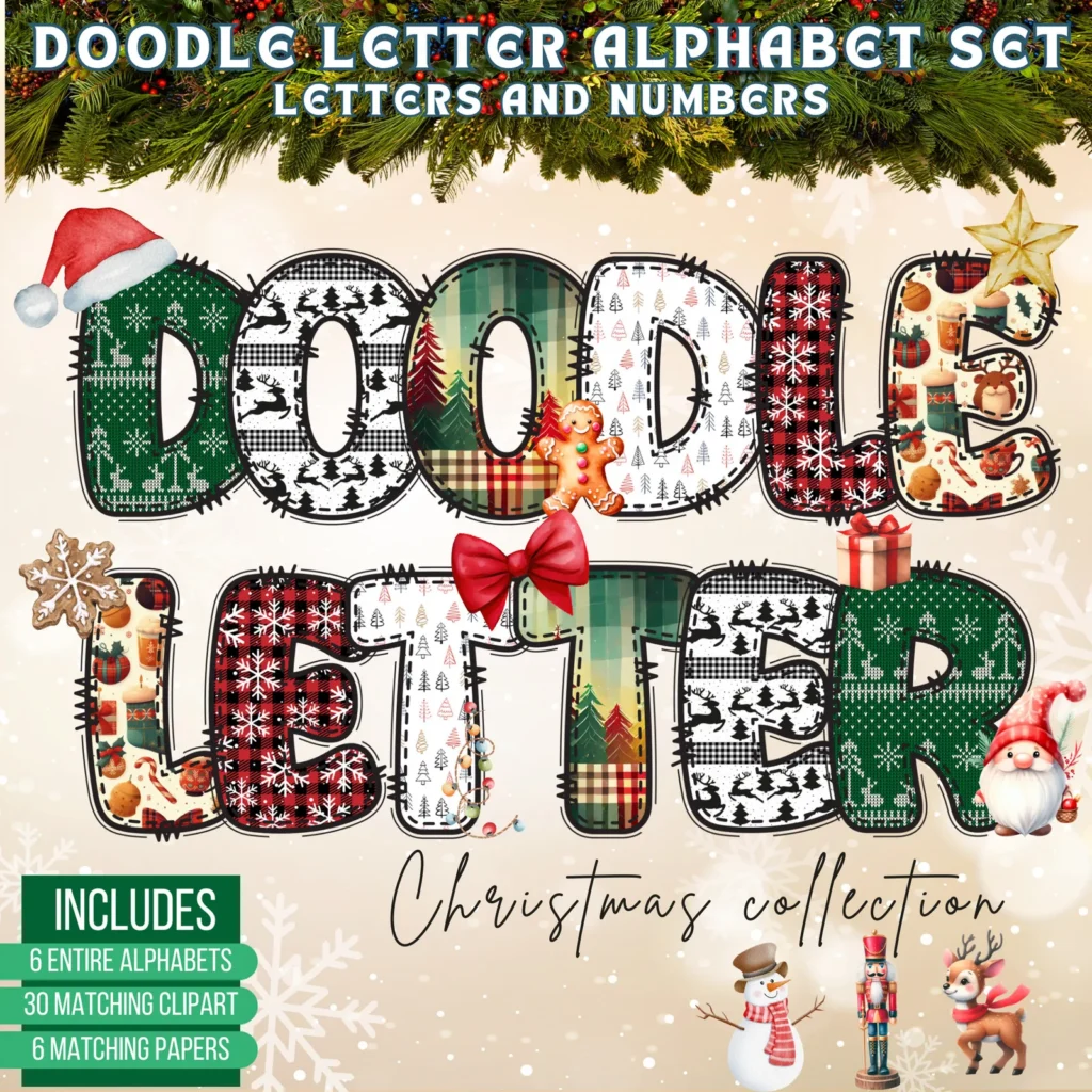 Christmas Doodle Font | PNG Alphabet & Numbers (Digital Download) Christmas Time digital download preview by Cute & Co.