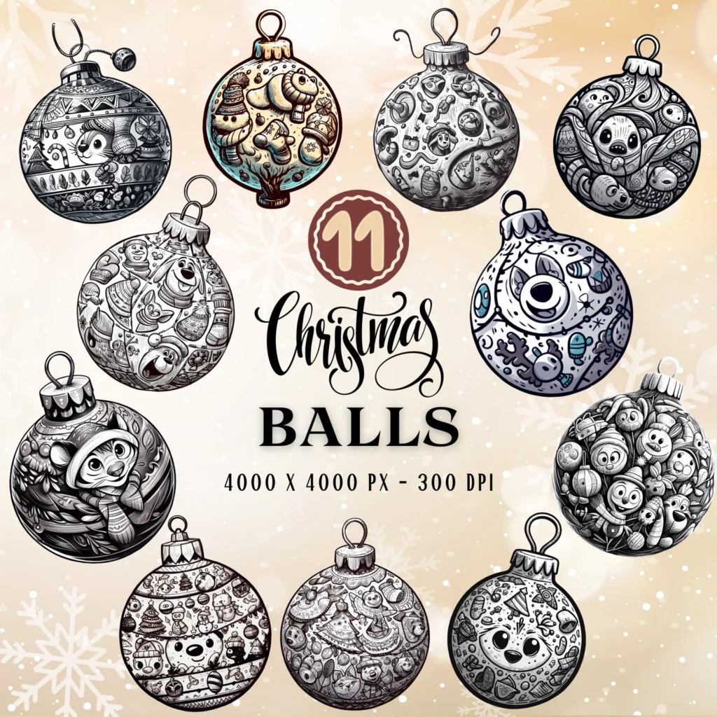 Monochrome Christmas Ball Clipart Set, Modern Holiday Ornaments (Digital Art) Christmas Time digital download preview by Cute & Co.