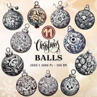Monochrome Christmas Ball Clipart Set, Modern Holiday Ornaments (Digital Art) Christmas Time digital download preview by Cute & Co.