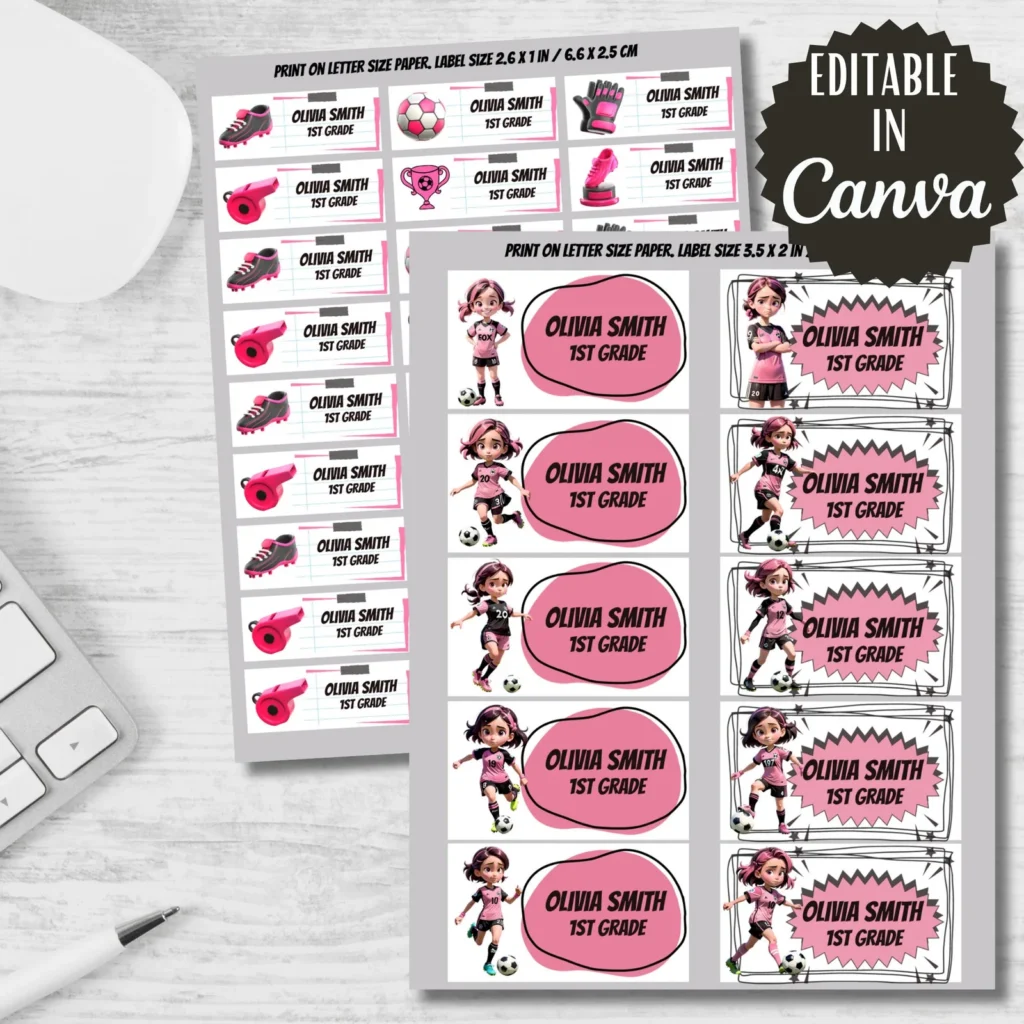 Soccer Girl Labels, Back to School Stickers, Editable in Canva (Digital Download) Back to school digital download preview by Cute & Co.