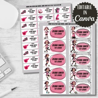 Soccer Girl Labels, Back to School Stickers, Editable in Canva (Digital Download) Back to school digital download preview by Cute & Co.