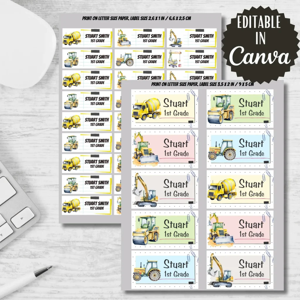 Construction Machines School Labels, Printable Stickers, Editable in Canva Back to school digital download preview by Cute & Co.