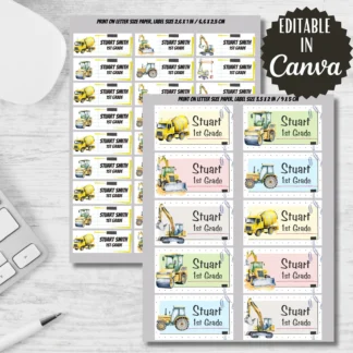 Construction Machines School Labels, Printable Stickers, Editable in Canva Back to school digital download preview by Cute & Co.