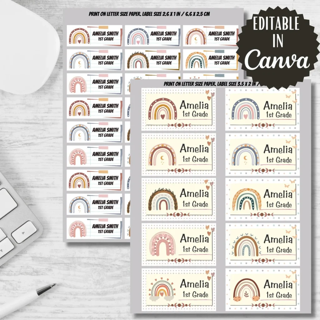 Boho Rainbow Printable Labels, Back to School Stickers (Editable in Canva) Back to school digital download preview by Cute & Co.
