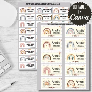 Boho Rainbow Printable Labels, Back to School Stickers (Editable in Canva) Back to school digital download preview by Cute & Co.