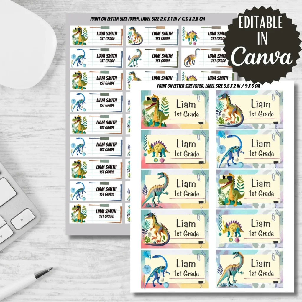 Dinosaur Printable Labels, Back to School Stickers (Editable in Canva) Back to school digital download preview by Cute & Co.