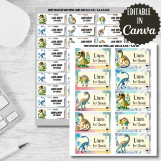 Dinosaur Printable Labels, Back to School Stickers (Editable in Canva) Back to school digital download preview by Cute & Co.