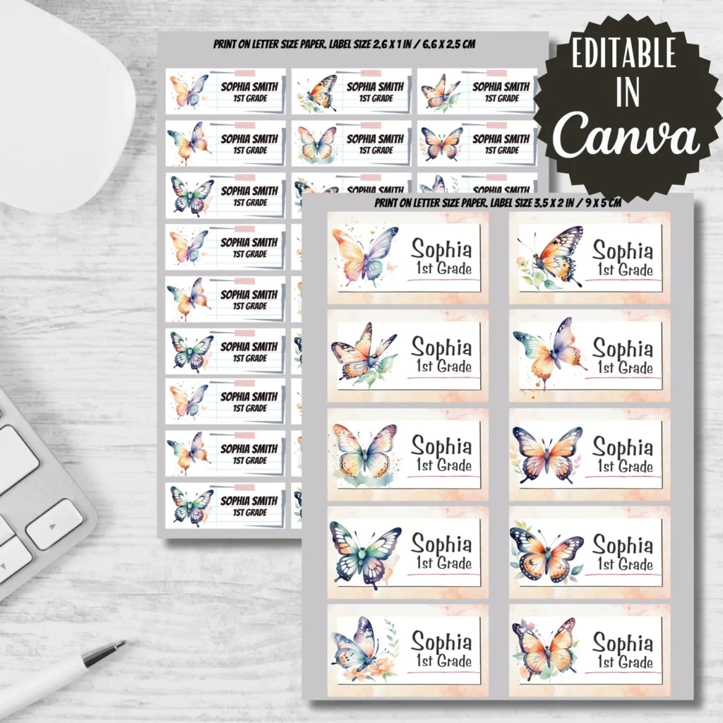 Watercolor Butterfly Labels, Back to School Stickers (Editable in Canva) Back to school digital download preview by Cute & Co.