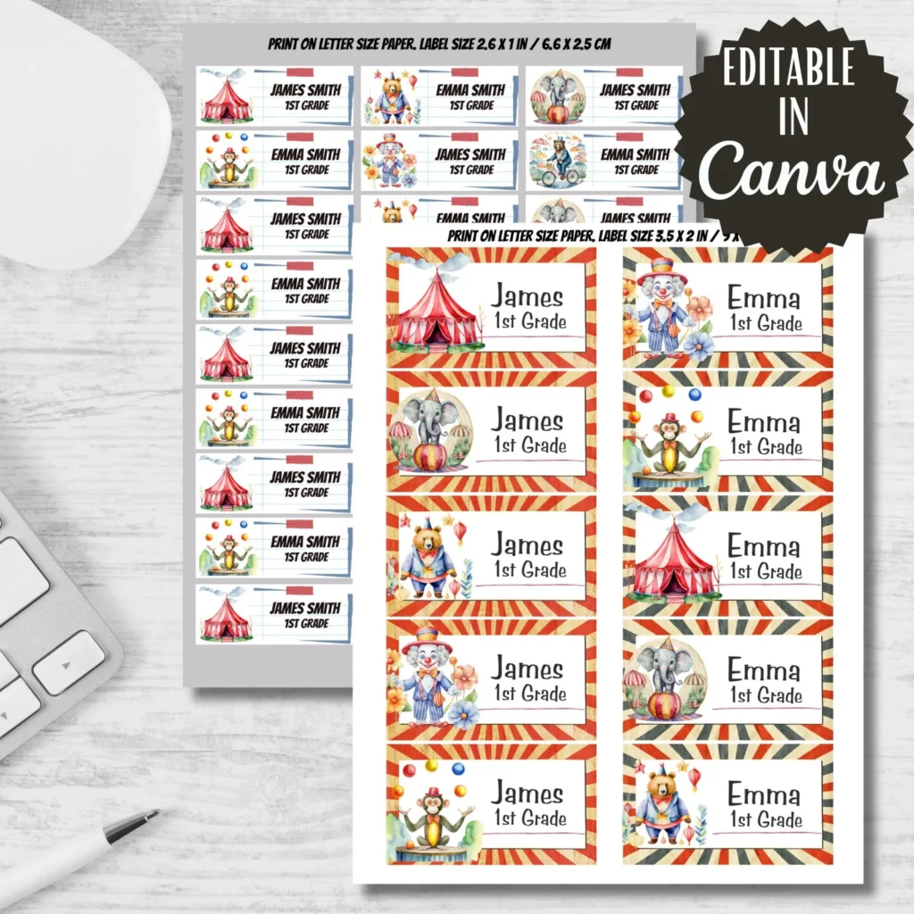 Circus Printable Labels, Editable Back to School Stickers (Canva) Back to school digital download preview by Cute & Co.