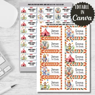 Circus Printable Labels, Editable Back to School Stickers (Canva) Back to school digital download preview by Cute & Co.