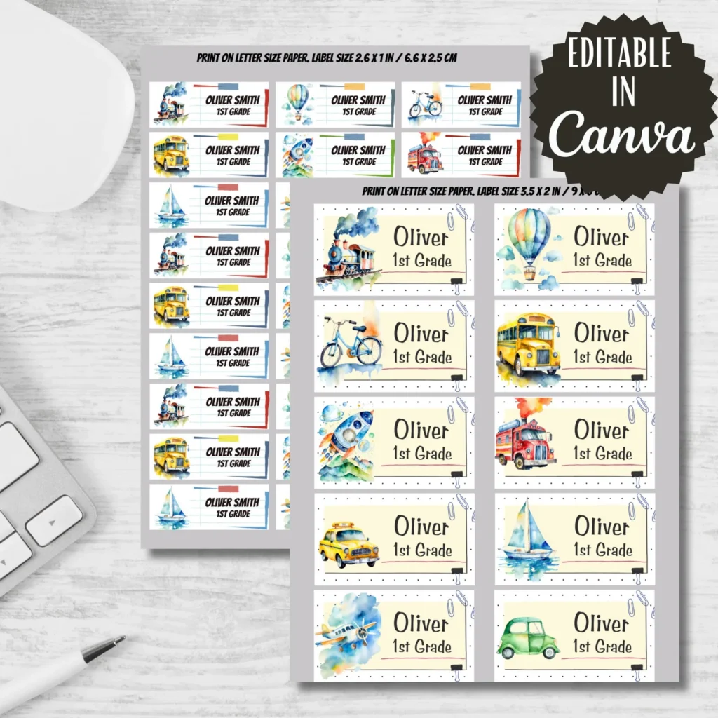Transport Printables, Back to School Labels, Editable in Canva (Digital Download) Back to school digital download preview by Cute & Co.