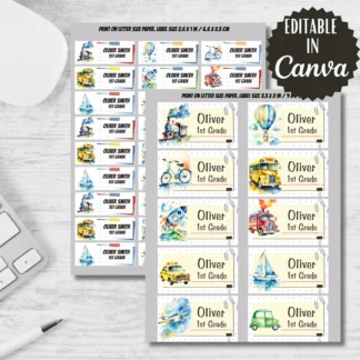 Transport Printables, Back to School Labels, Editable in Canva (Digital Download) Back to school digital download preview by Cute & Co.