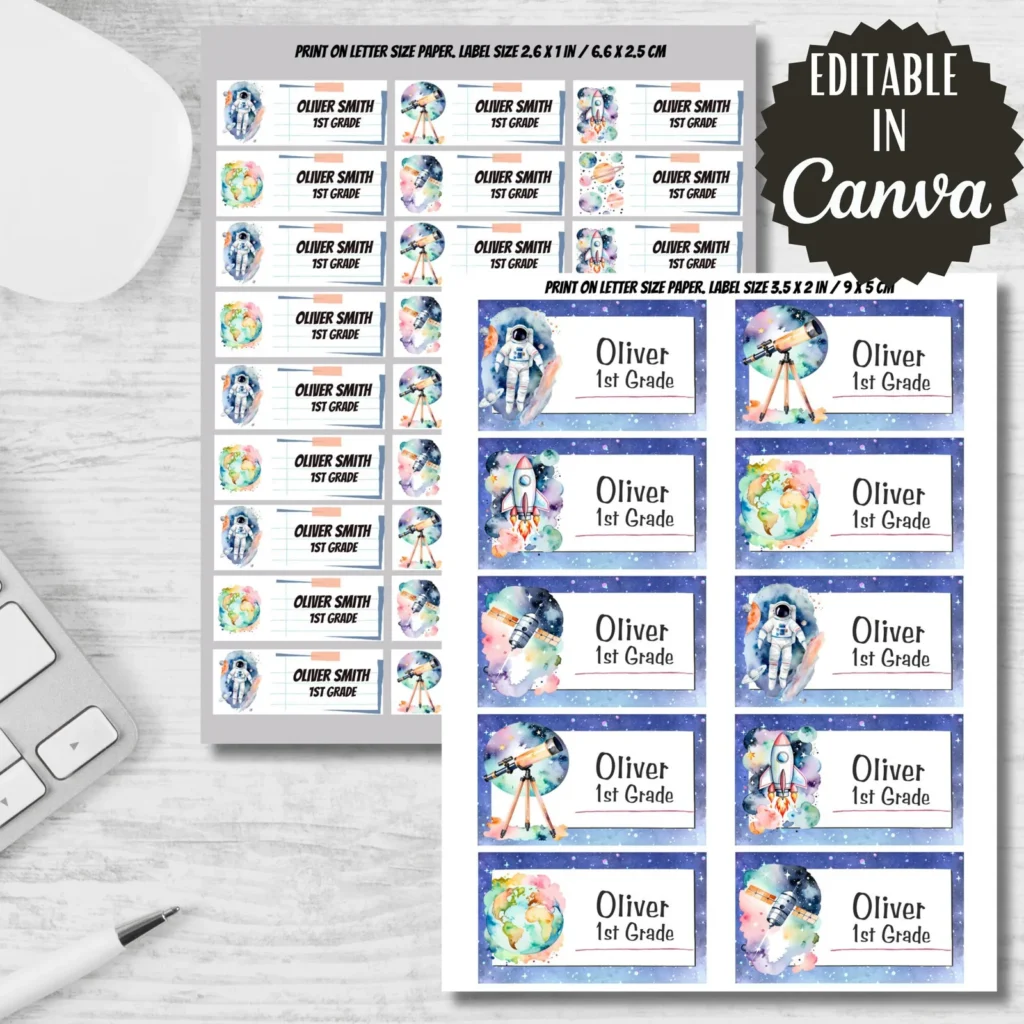 Space Stickers, Back to School Labels, Astronaut, Planets (Editable in Canva) Back to school digital download preview by Cute & Co.