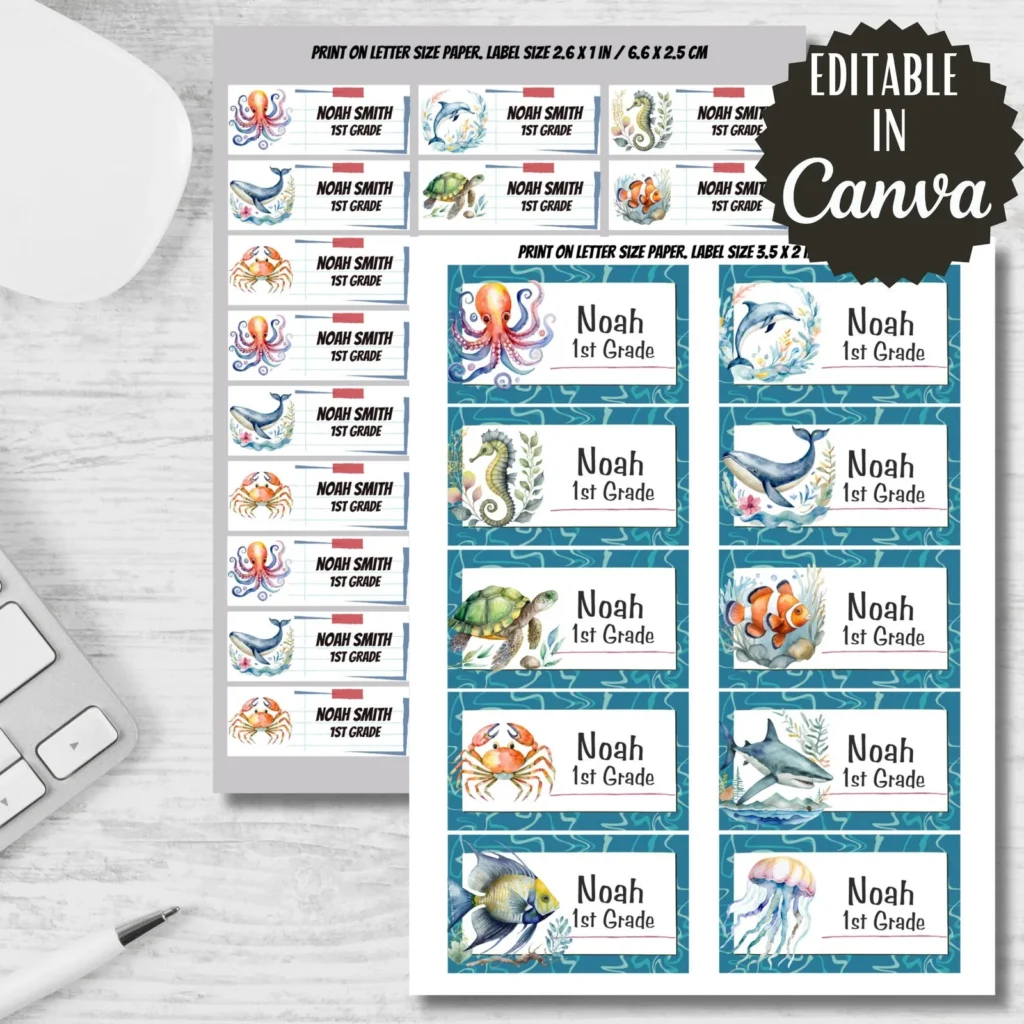 Sea Animals Printable Labels, Back to School Stickers (Editable in Canva) Back to school digital download preview by Cute & Co.