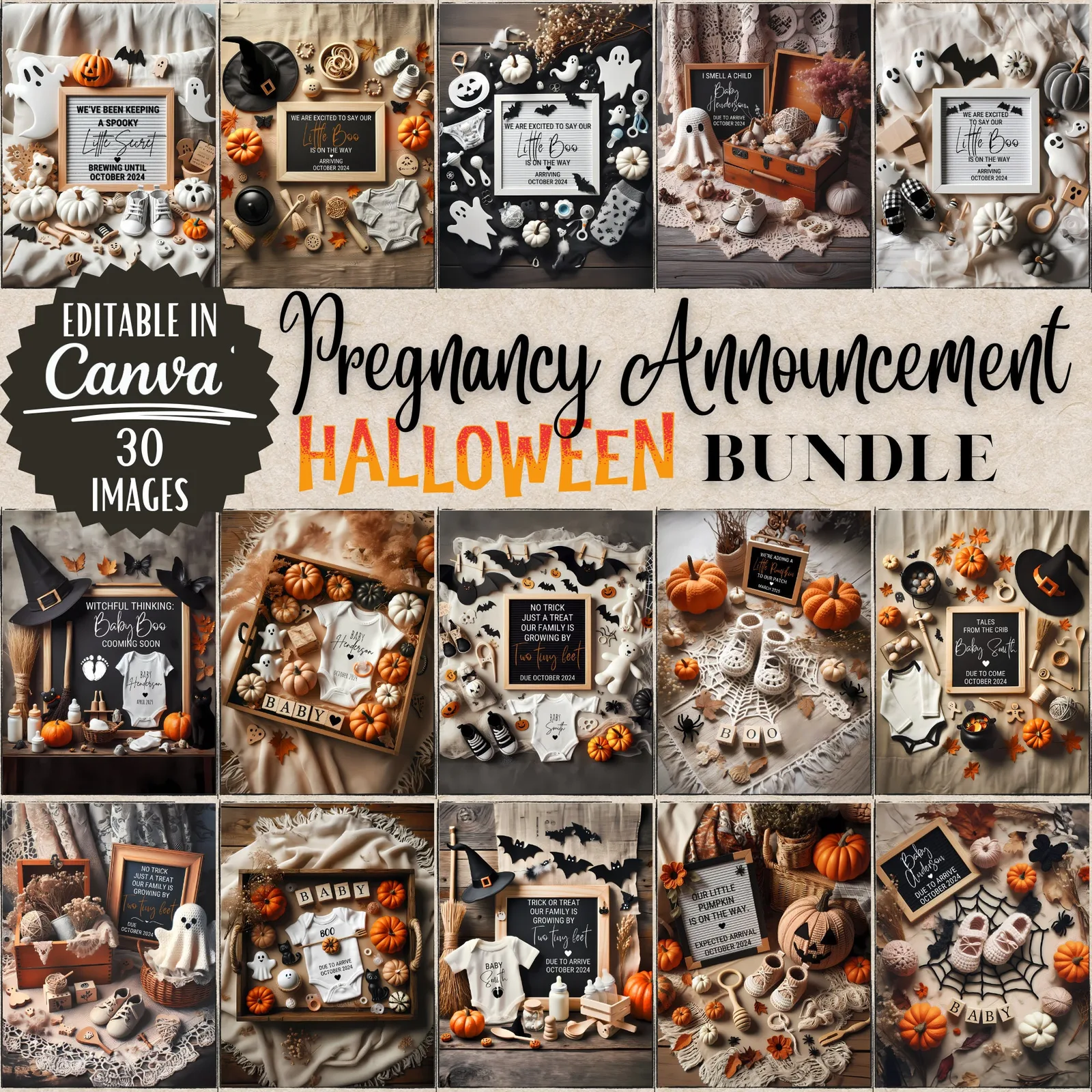 Halloween Pregnancy Announcement Templates – Boho Canva Bundle for Social Media & Print Baby Announcements digital download preview by Cute & Co.