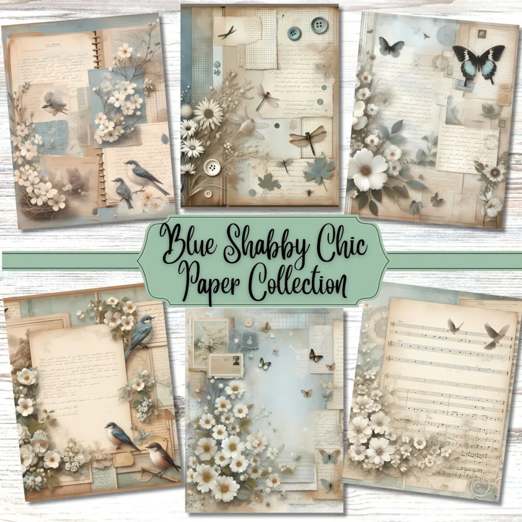 Blue Shabby Chic Digital Paper, Floral Junk Journal Kit (PDF) Digital Papers digital download preview by Cute & Co.