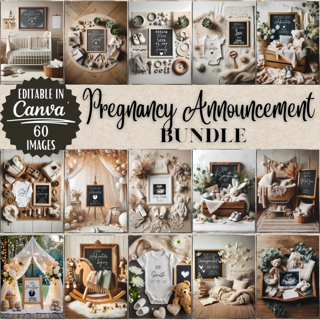 Neutral Pregnancy Announcement Templates, Minimalist Canva Bundle for Social Media &amp; Print Baby Announcements digital download preview by Cute & Co.