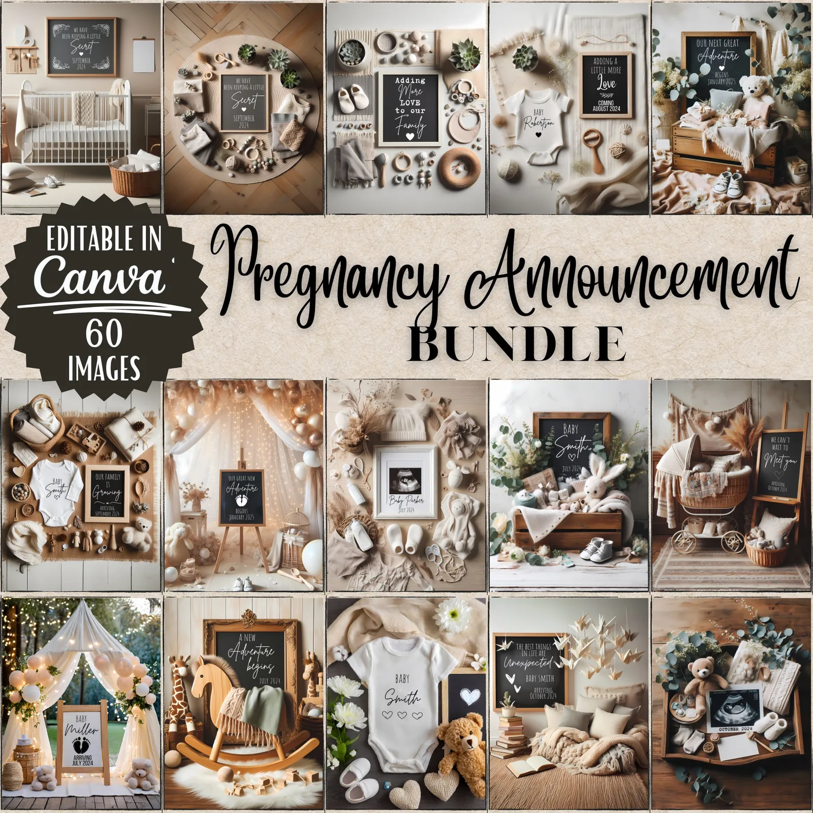 Neutral Pregnancy Announcement Templates, Minimalist Canva Bundle for Social Media & Print Baby Announcements digital download preview by Cute & Co.