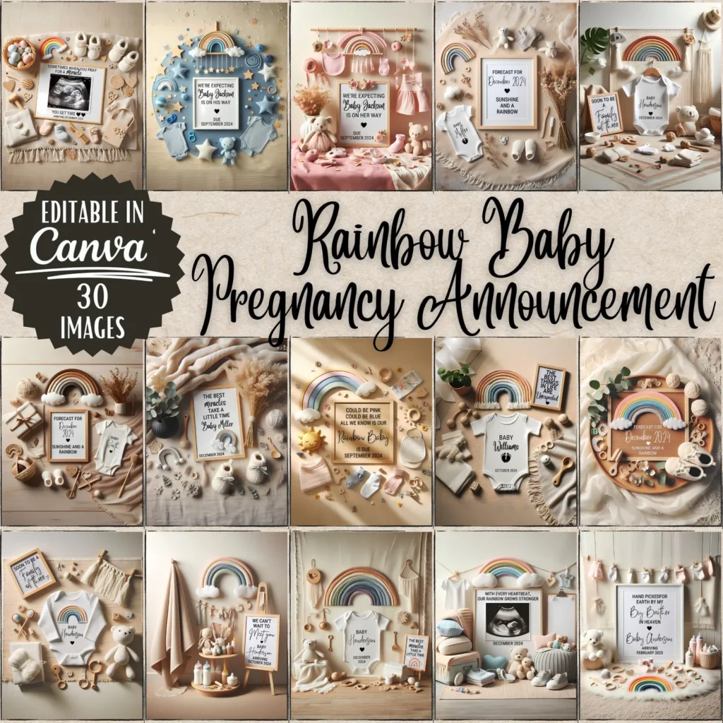Rainbow Baby Pregnancy Announcement Templates, Neutral Canva Bundle for Social Media &amp; Print Baby Announcements digital download preview by Cute & Co.