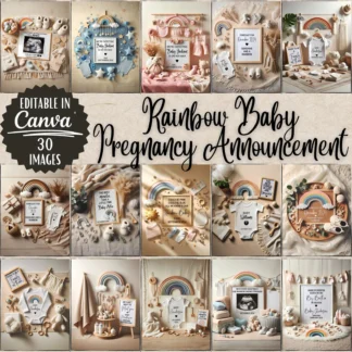 Rainbow Baby Pregnancy Announcement Templates, Neutral Canva Bundle for Social Media & Print Baby Announcements digital download preview by Cute & Co.