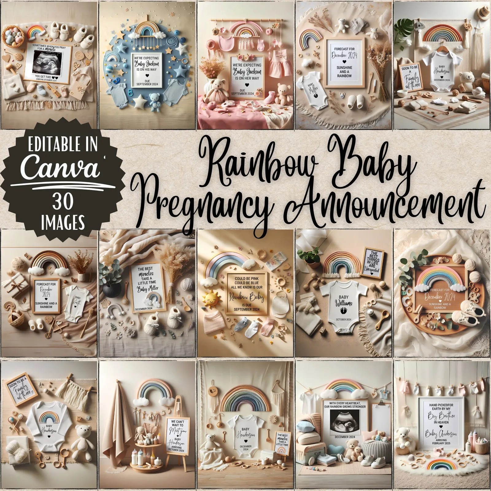 Rainbow Baby Pregnancy Announcement Templates, Neutral Canva Bundle for Social Media & Print Baby Announcements digital download preview by Cute & Co.