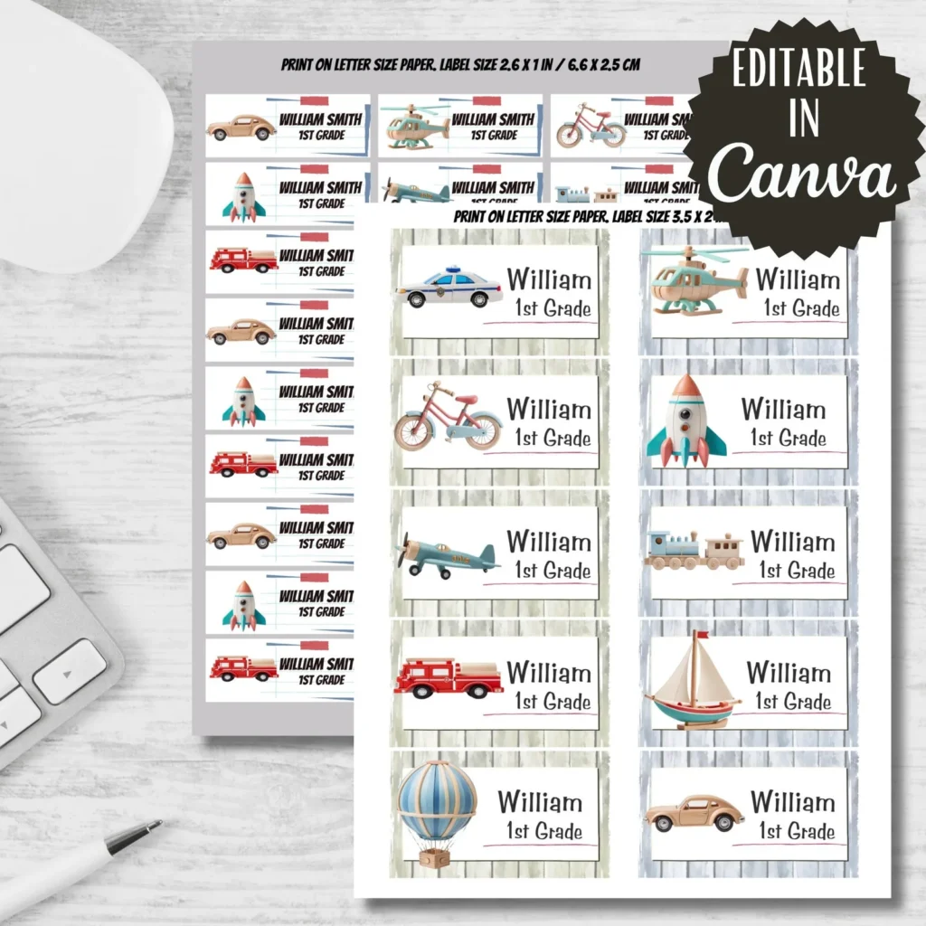 Wooden Transport Toys Labels, Back to School Stickers (Editable in Canva) Back to school digital download preview by Cute & Co.