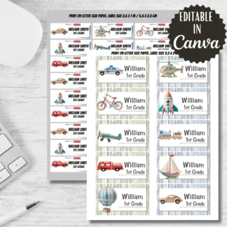 Wooden Transport Toys Labels, Back to School Stickers (Editable in Canva) Back to school digital download preview by Cute & Co.