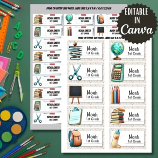 Back to School Labels, School Supply Stickers, Editable in Canva (Digital Download) Back to school digital download preview by Cute & Co.
