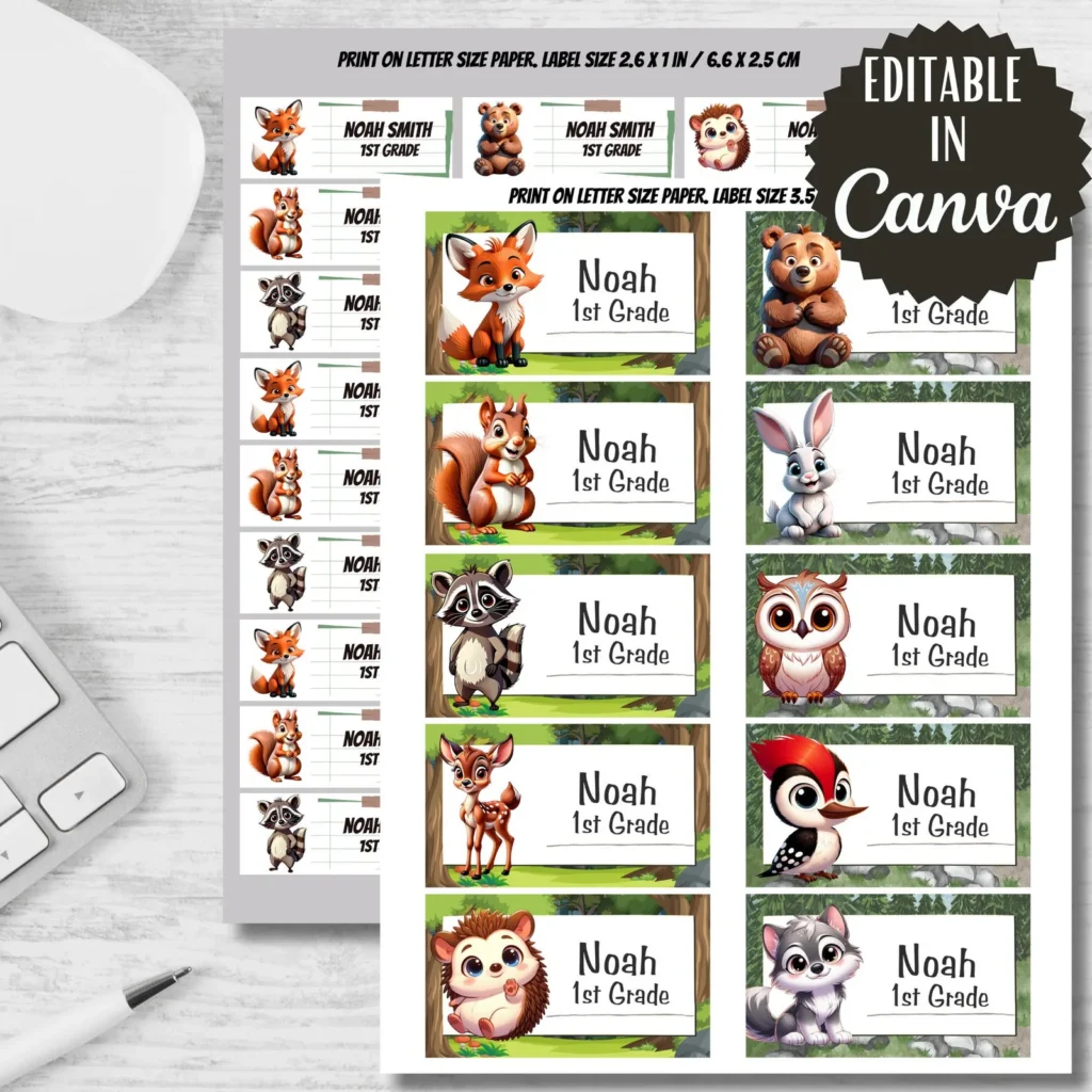 Woodland Animals Printable Labels, Back to School Stickers (Editable in Canva) Back to school digital download preview by Cute & Co.