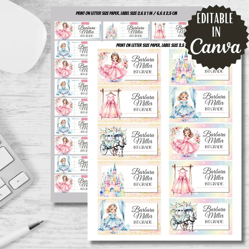 Princess Labels, Back to School Stickers, Editable in Canva (Digital Download) Back to school digital download preview by Cute & Co.