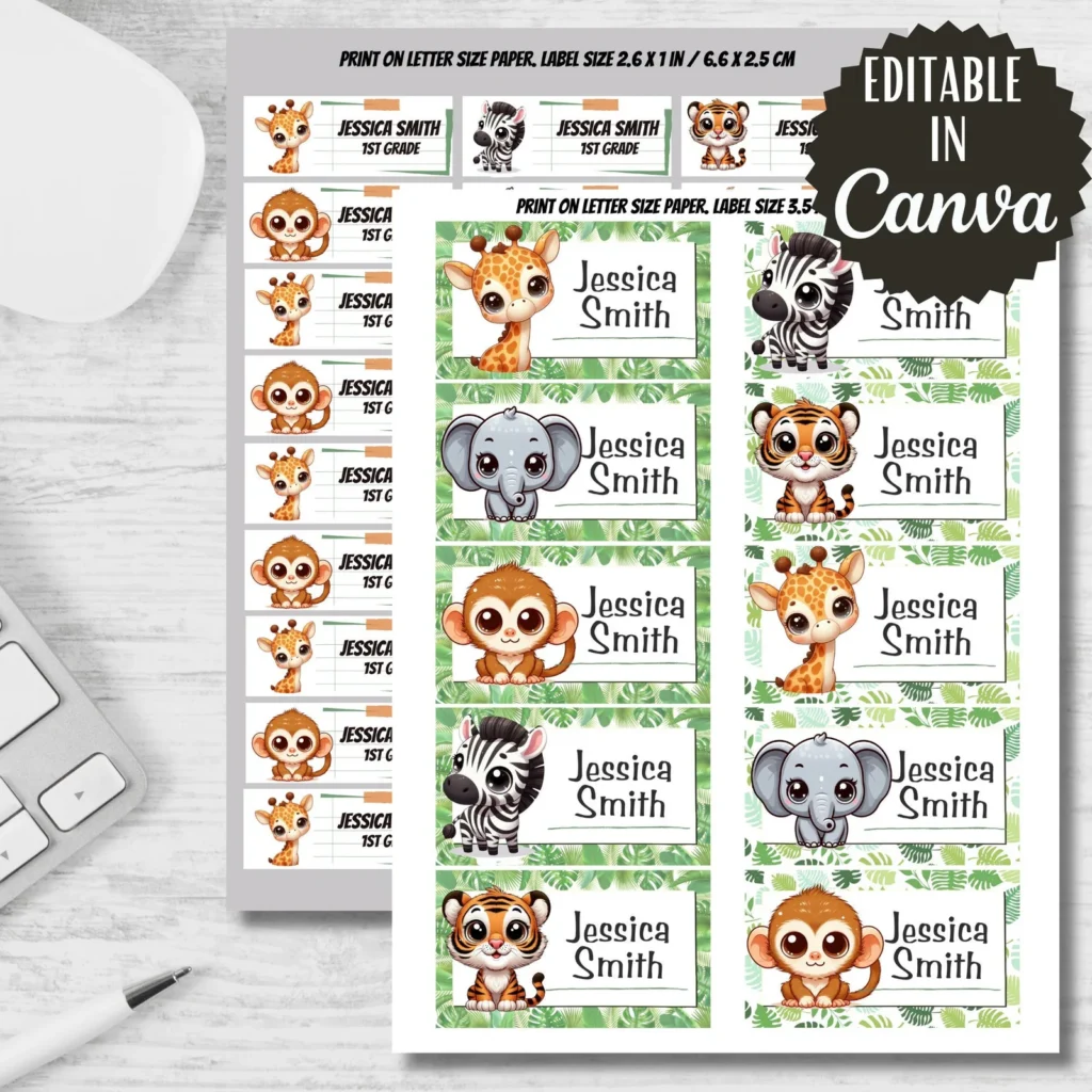 Forest Animals Labels, Back to School Stickers (Editable Canva Template) Back to school digital download preview by Cute & Co.
